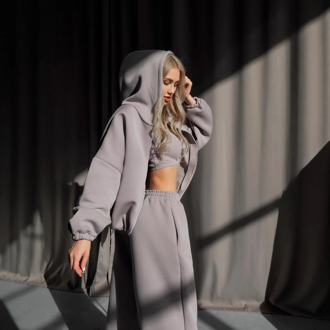 Damen gekürztes Scuba-Hoodie mit oversized Kapuze und elastischer High‑Waist Jogginghose Drune