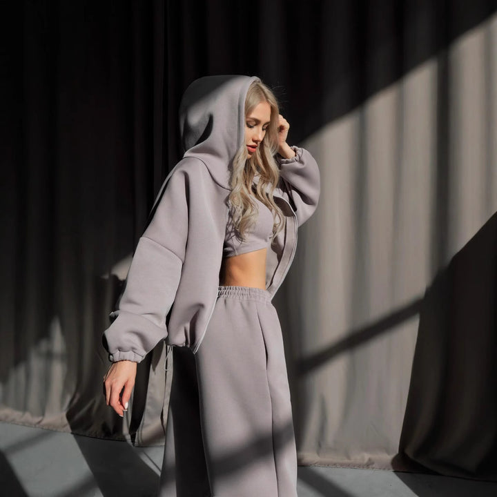 Damen gekürztes Scuba-Hoodie mit oversized Kapuze und elastischer High‑Waist Jogginghose Drune