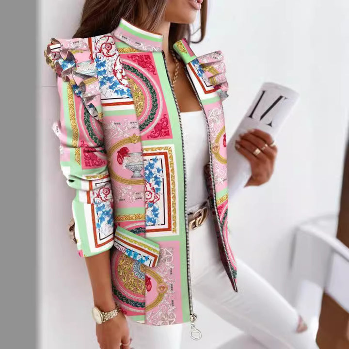 Damen nan Leo-Blouson mit Volantärmeln, Stehkragen und Zipper-Front Drune