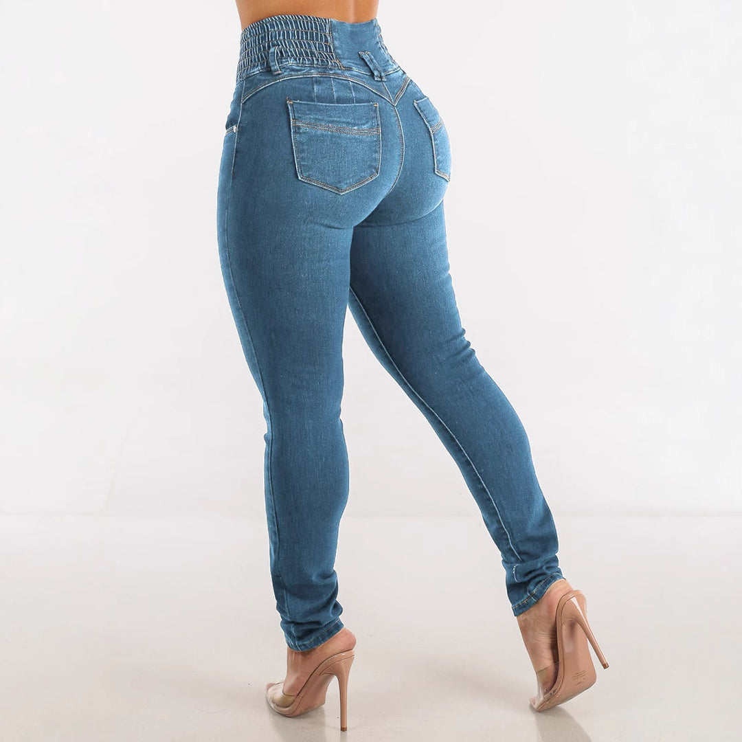 Damen Hochtaillierte Skinny Jeans mit elastischem Bund und dekorativen Knöpfen Drune