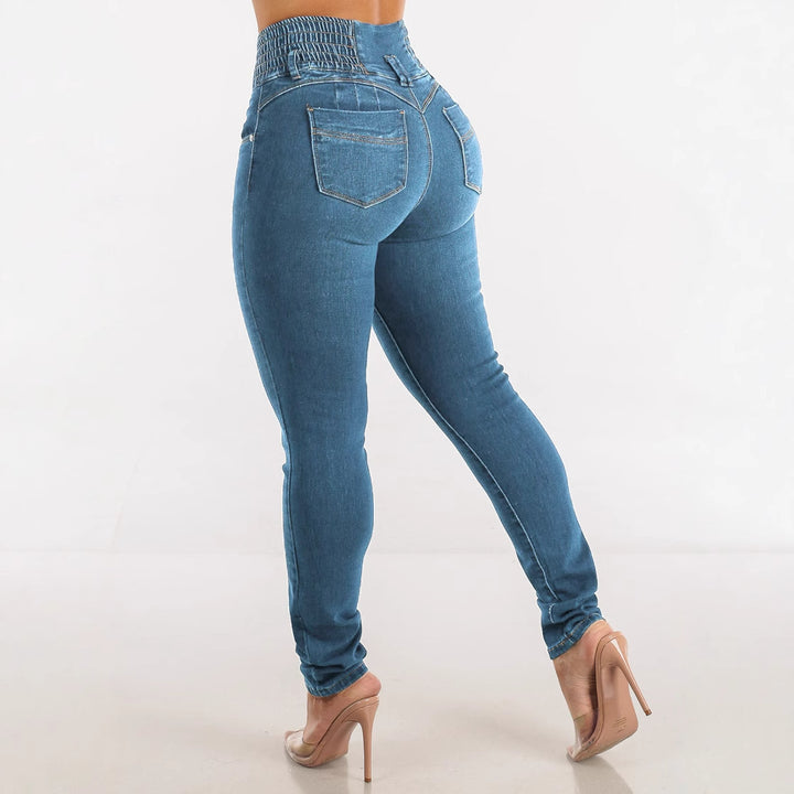 Damen Hochtaillierte Skinny Jeans mit elastischem Bund und dekorativen Knöpfen Drune