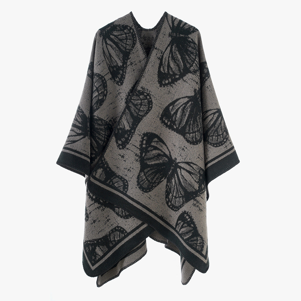 Damen Oversize-Stricküberwurf im Jacquard mit Schmetterlingsmotiv und kontrastierter Saumkante Drune