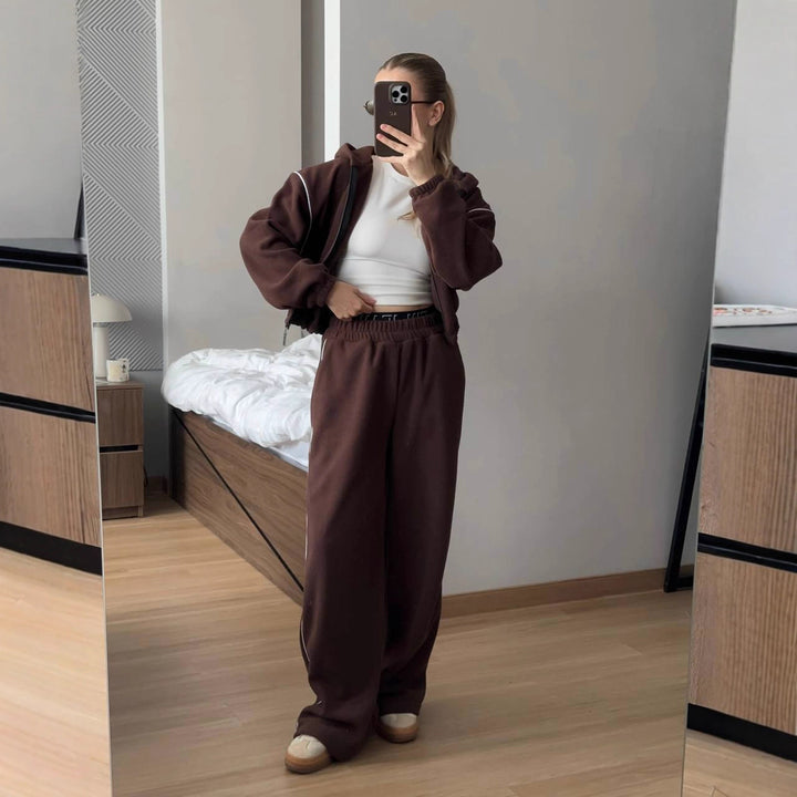 Damen bequemer Fleece-Sportanzug mit hohem Kragen und Reißverschluss Drune