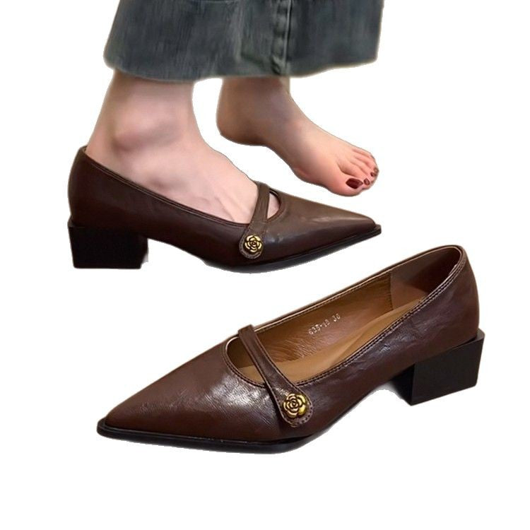 Damen Bequeme spitz zulaufende Ballerinas mit dekorativem Riemchen und Blockabsatz Drune