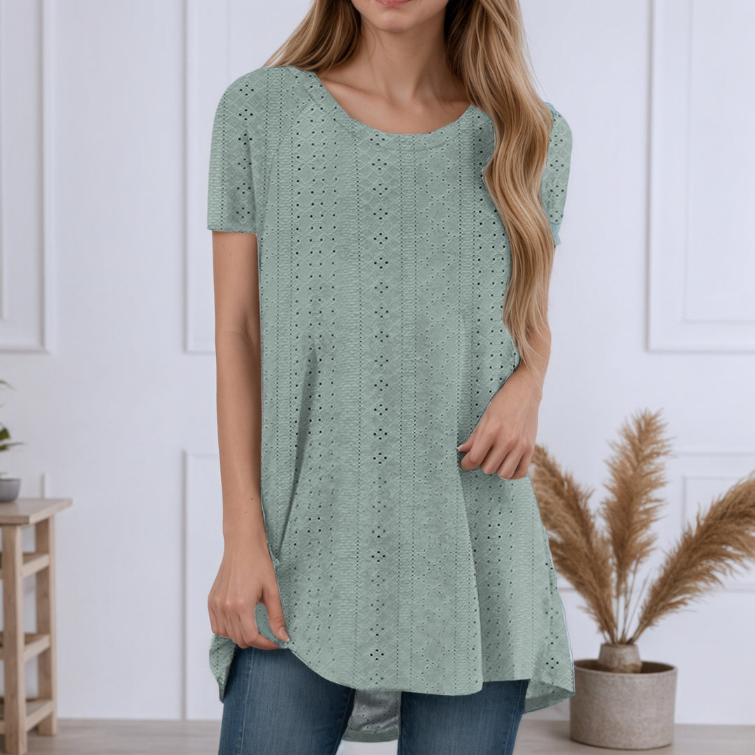 Damen nan locker geschnittene Broderie-Anglaise Tunika mit Rundhalsausschnitt, seitlichen Schlitzen und abgerundetem Saum Drune
