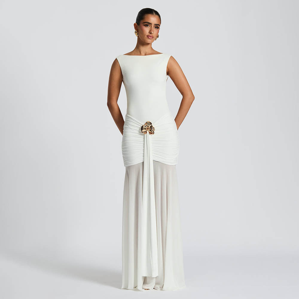 Damen Elegantes Maxikleid mit tailliertem Oberteil und einzigartiger Drapierung Drune