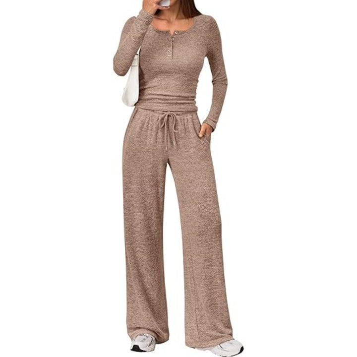Damen Zweiteiliges Feinstrick-Lounge-Set mit Henley-Top und Palazzo-Hose Drune