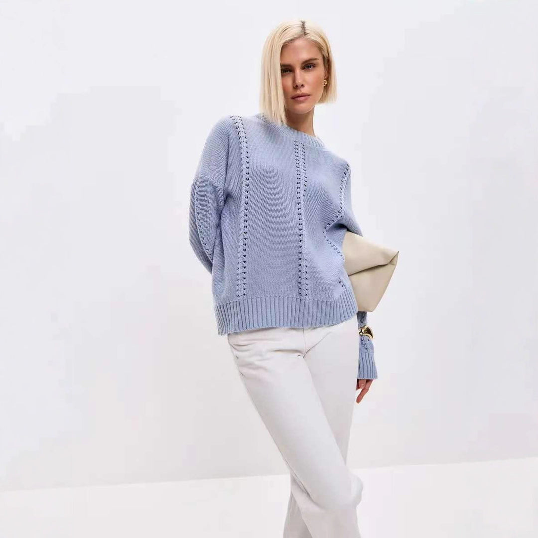 Damen Strickpullover mit dekorativem Lochmuster und voluminösen Ärmeln Drune
