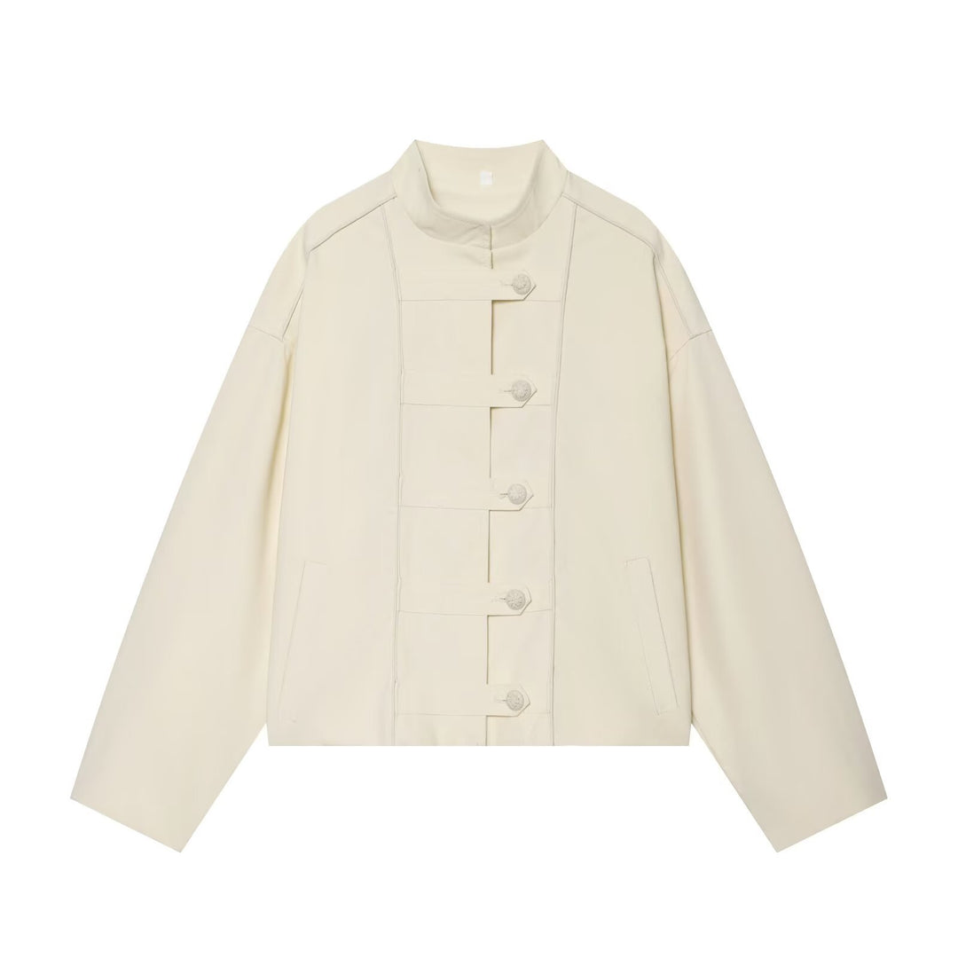 Damen Boxy-Jacke mit Stehkragen und dekorativer Knebelknopfleiste Drune