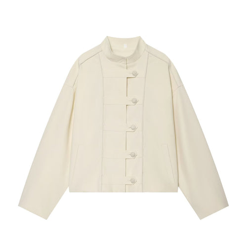 Damen Boxy-Jacke mit Stehkragen und dekorativer Knebelknopfleiste Drune