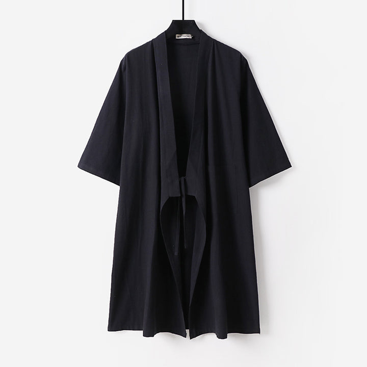 Unisex Oversize Kimono-Mantel aus Baumwollmischung mit Bindeband und Dreiviertelärmeln Drune