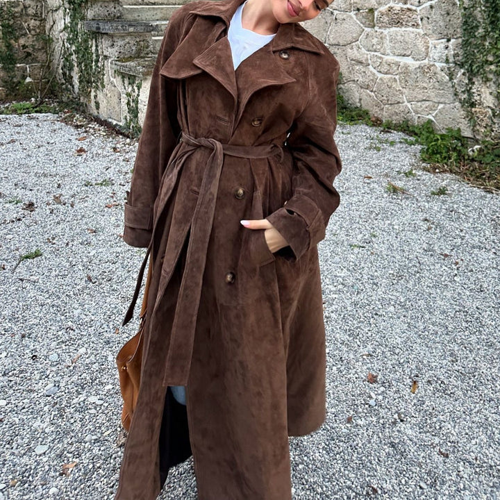 Damen Suede Trenchcoat mit Gürtel und eleganten Knopfdetails Drune