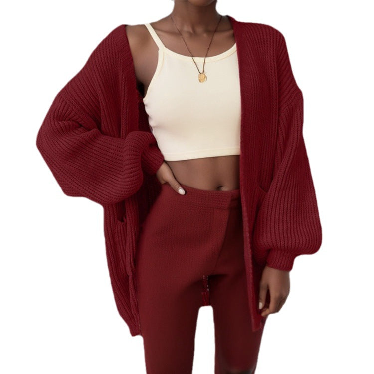 Damen Grobstrick-Cardigan mit voluminösen Ärmeln und praktischen Taschen Drune