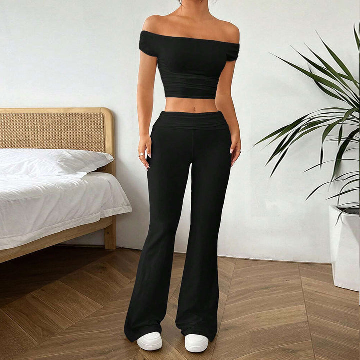 Damen lässiges Crop-Top und High-Waist-Hosen Set Drune