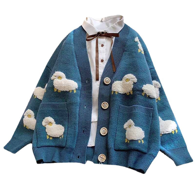 Damen Lockere Strickjacke mit Tiermotiv und großen Knöpfen Drune
