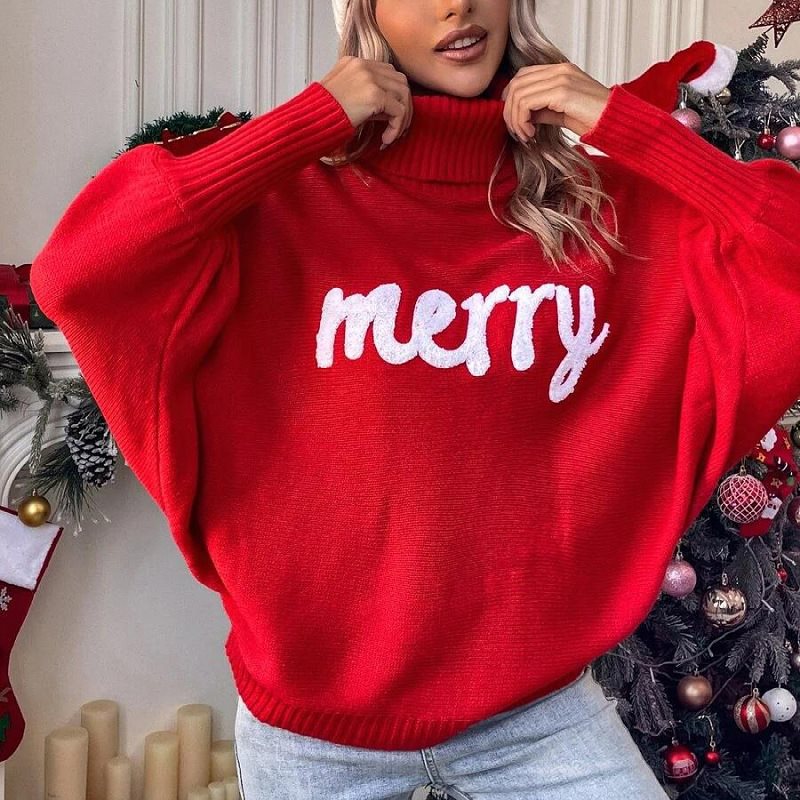 Damen Oversized Rollkragenpullover mit festlichem Schriftzug Drune