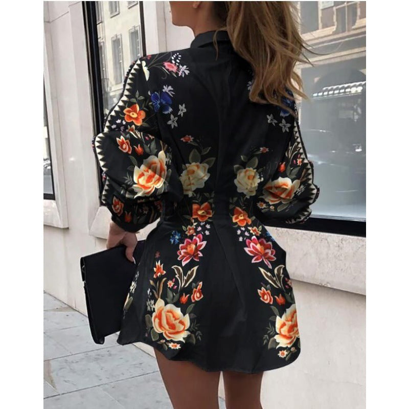 Damen Hemdblusenkleid mit floralem Druck und voluminösen Ärmeln Drune