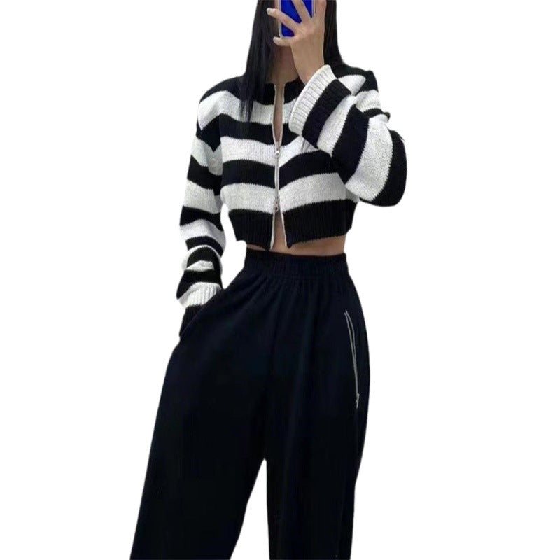 Damen modische Strickjacke mit hohem Kragen und breiten Streifen Drune