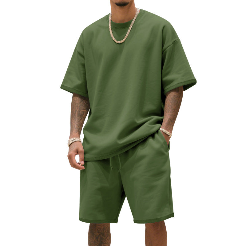 Herren nan entspannter Jersey-Set mit verlängertem Rundhals-T-Shirt und elastischen Kordelzug-Shorts Drune