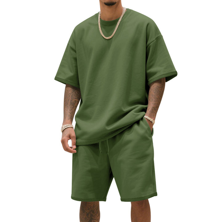 Herren nan entspannter Jersey-Set mit verlängertem Rundhals-T-Shirt und elastischen Kordelzug-Shorts Drune