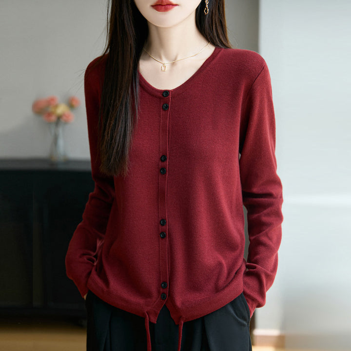 Damen Leichter Feinstrick-Knopfleisten-Cardigan mit Rundhalsausschnitt Drune