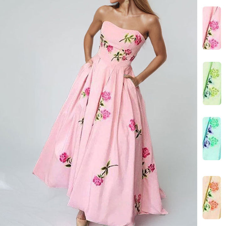 Damen Elegantes Strapless Maxikleid mit floralem Design und seitlichen Taschen Drune
