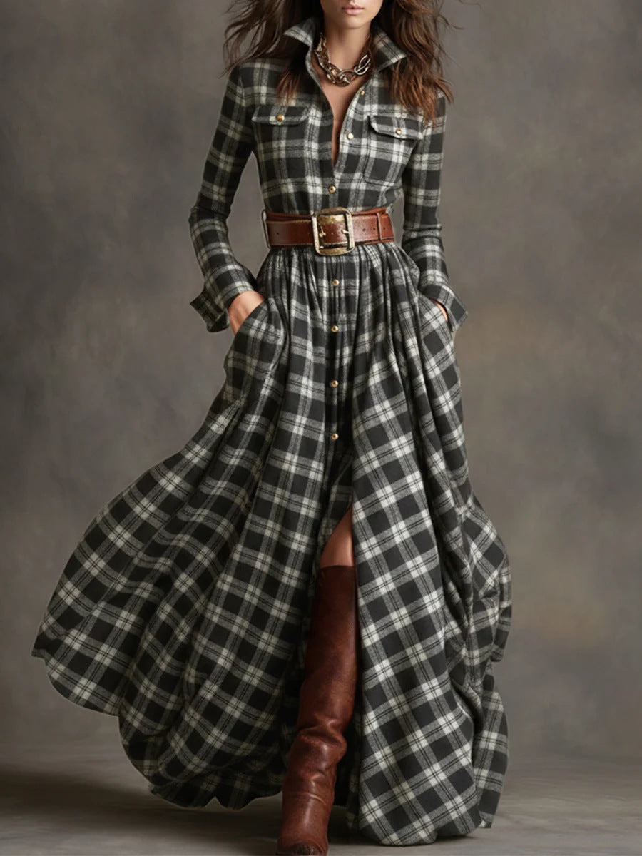 Damen Karierte Maxikleid mit Hemdbluse-Oberteil, Taillierter Bund und Eingrifftaschen Drune