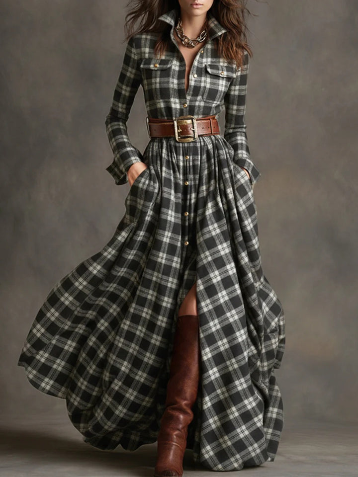 Damen Karierte Maxikleid mit Hemdbluse-Oberteil, Taillierter Bund und Eingrifftaschen Drune