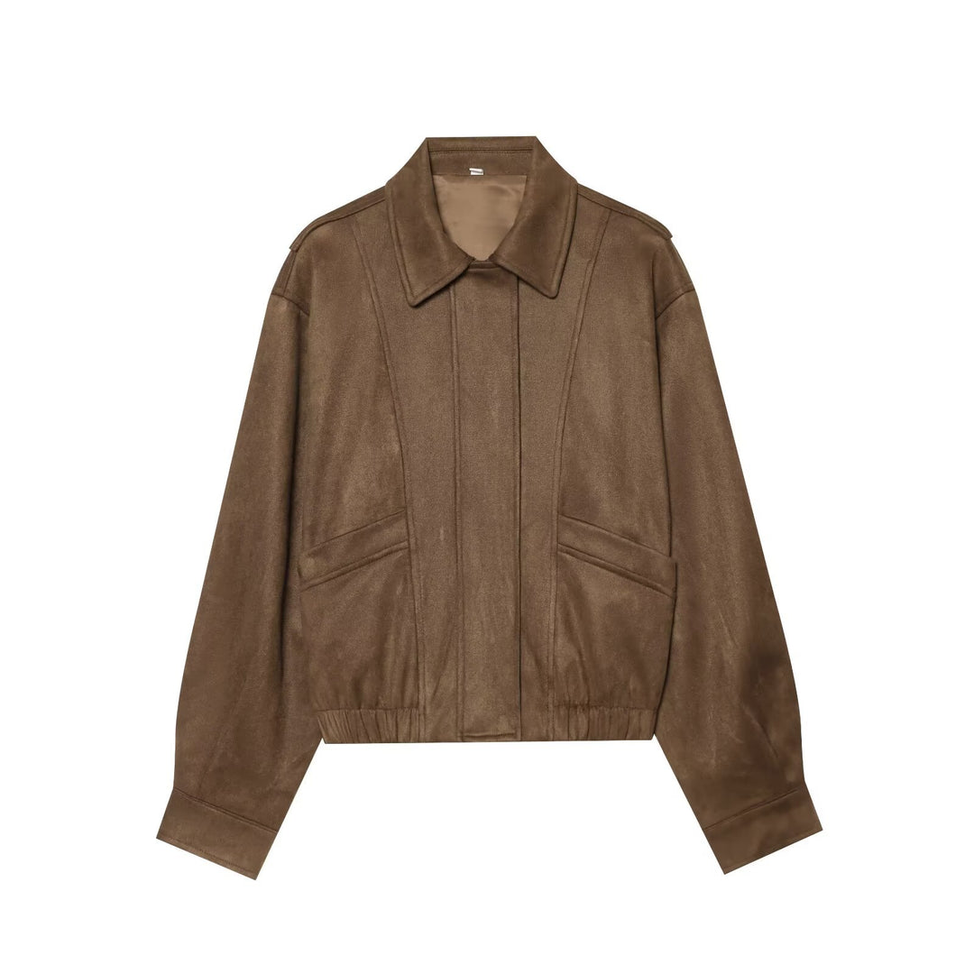Damen Kurzer Boxy‑Blouson in Velourslederoptik mit Pattentaschen Drune