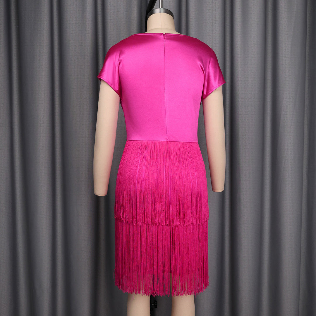 Damen schimmerndes Fransen Kleid mit eleganter Drapierung Drune