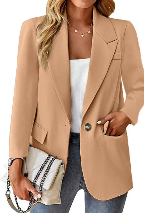 Damen Longline-Blazer im Oversize-Stil mit markantem Revers, Metallknopf und Pattentaschen Drune