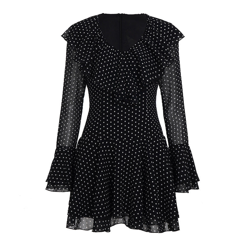 Damen Polka-Dot Kleid mit voluminösen Rüschendetails und transparenten Ärmeln Drune