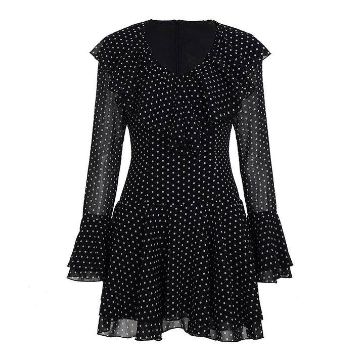 Damen Polka-Dot Kleid mit voluminösen Rüschendetails und transparenten Ärmeln Drune