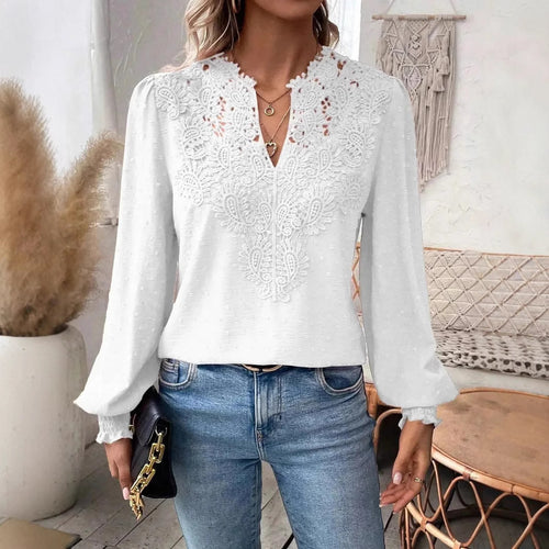 Damen nan Spitzenapplikation V-Ausschnitt Bluse mit Strukturpunkt, gerafften Manschetten und leicht taillierter Silhouette Drune