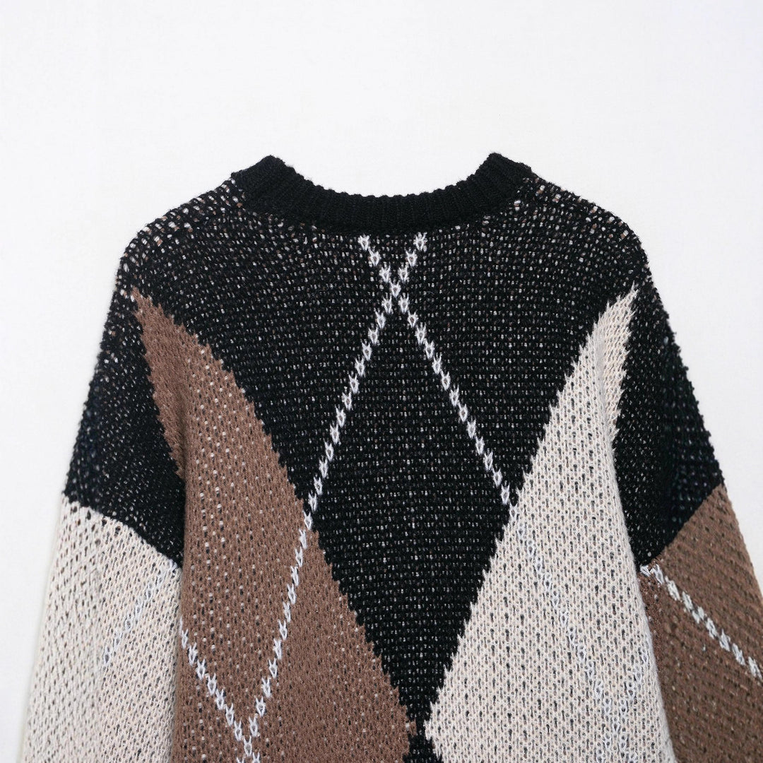 Damen Grobgestrickter Argyle-Pullover mit Rundhalsausschnitt und Oversize‑Silhouette Drune