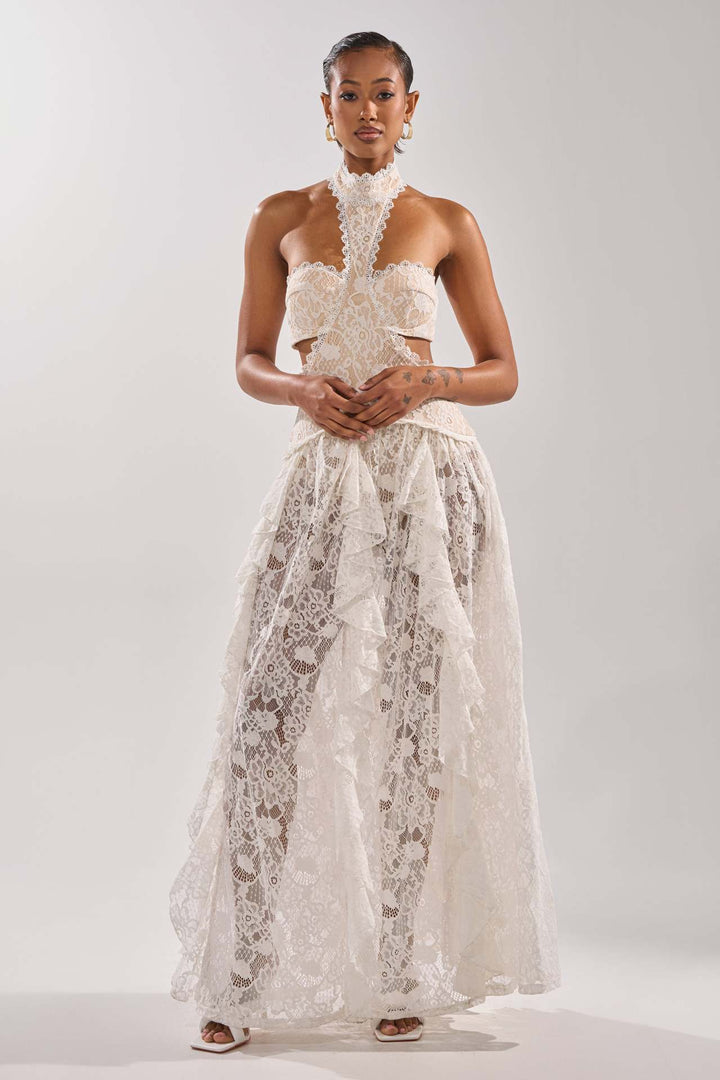 Damen elegante Spitzentraumkleid mit hochgeschlossenem Kragen und fließendem Rock Drune