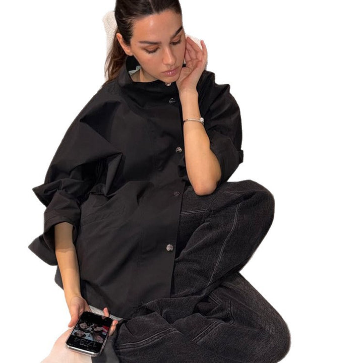 Damen Oversize-Hemdjacke mit Stehkragen, kastiger Silhouette und Druckknopf-Leiste Drune
