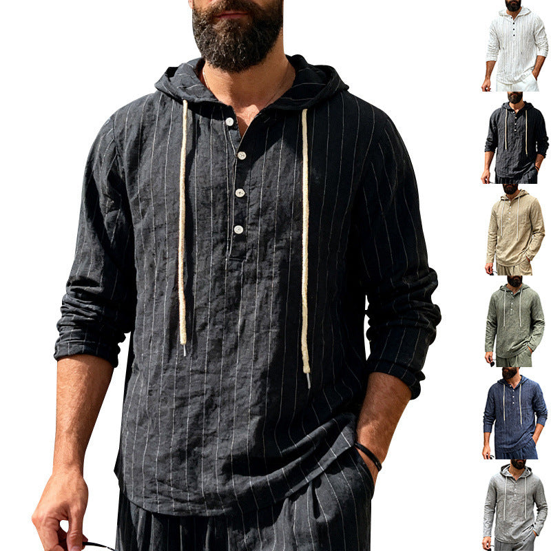 Herren nan Kapuzenshirt aus Leinenmix mit halber Knopfleiste und Nadelstreifen Drune