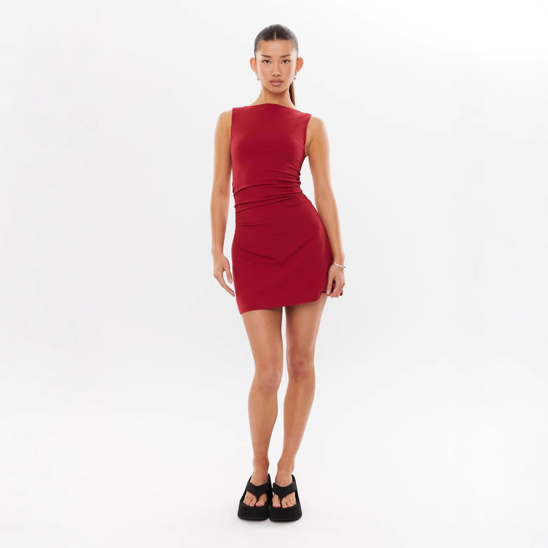 Damen ärmelloses Mini-Kleid mit eleganter Raffung Drune
