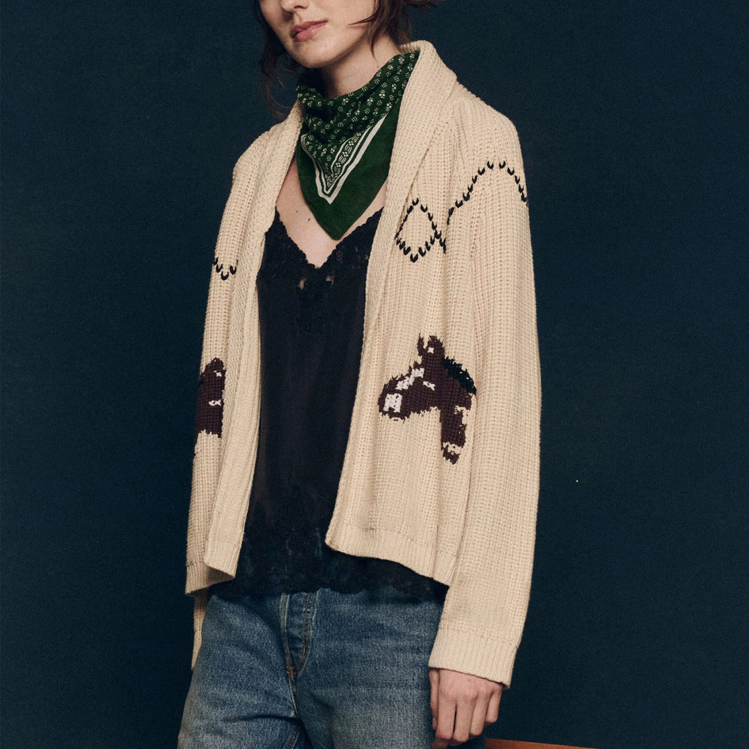 Damen Grobstrick-Cardigan mit Reverskragen und Pferde‑Intarsie Drune