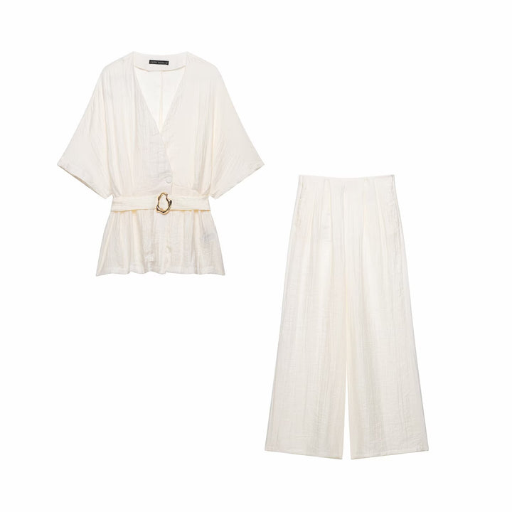 Damen Zweiteiler Kimono-Top mit Taillengürtel und weiter Bundfaltenhose Drune