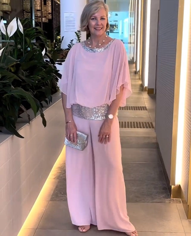 Damen Elegantes Zweiteiliges Abendensemble mit Chiffon-Cape, Paillettenbesatz und Palazzo-Hose Drune