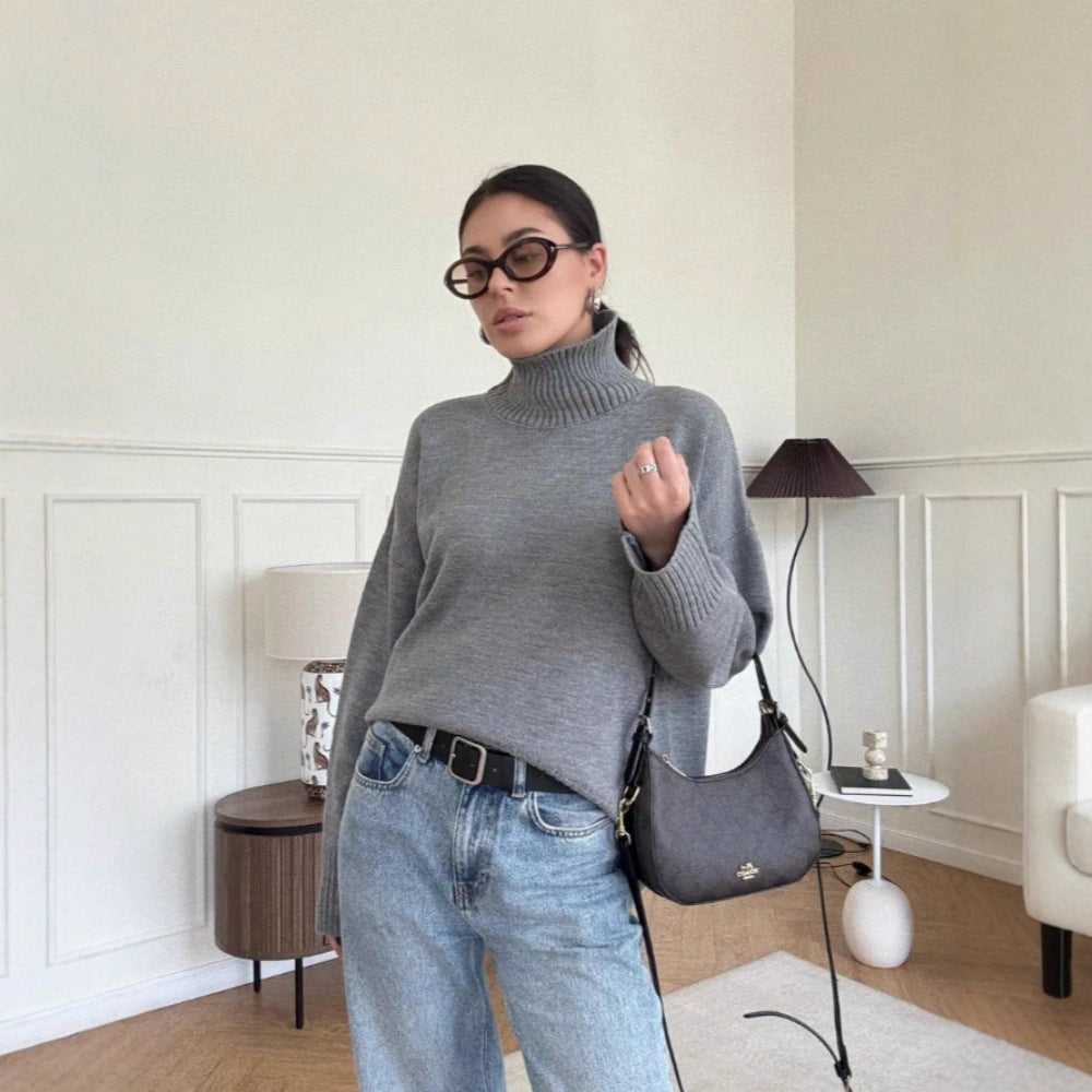 Damen Modischer Oversized Pullover mit hohem Kragen Drune