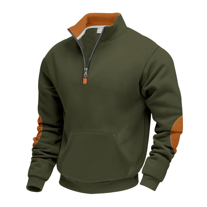 Herren nan isolierter Halbzip-Pullover mit Stehkragen Fleece-Innenfutter Kängurutasche und Wildleder-Ellenbogenpatches Drune