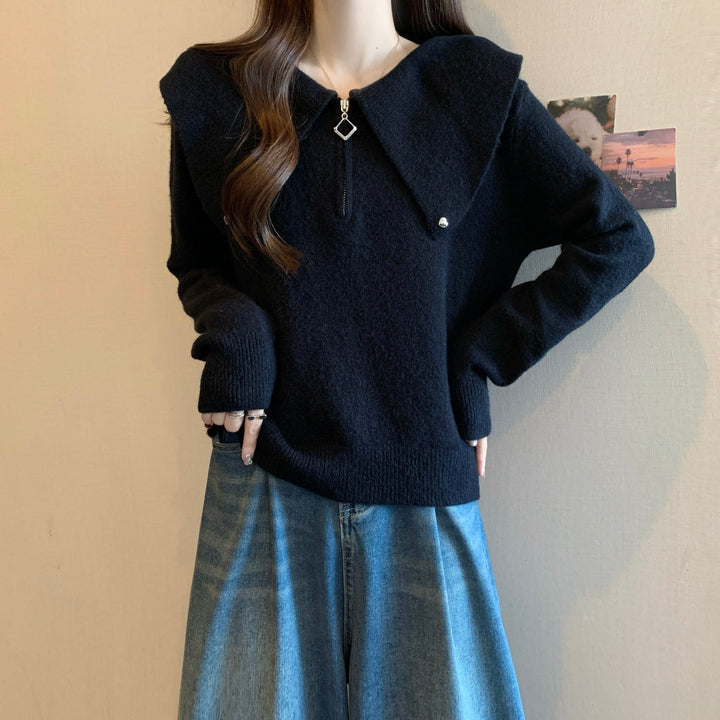 Damen modischer Pullover mit apartem Reißverschluss und großem Kragen Drune