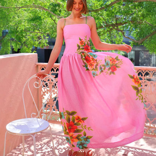 Damen Elegantes Maxikleid mit floralem Design und Schößchen Drune