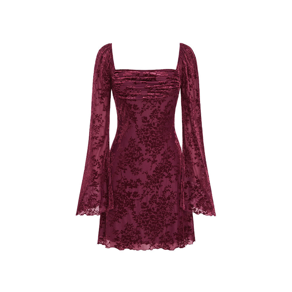 Damen Samt-Minikleid mit quadratischem Ausschnitt, gerafftem Bustier und ausgestellten Ärmeln Drune