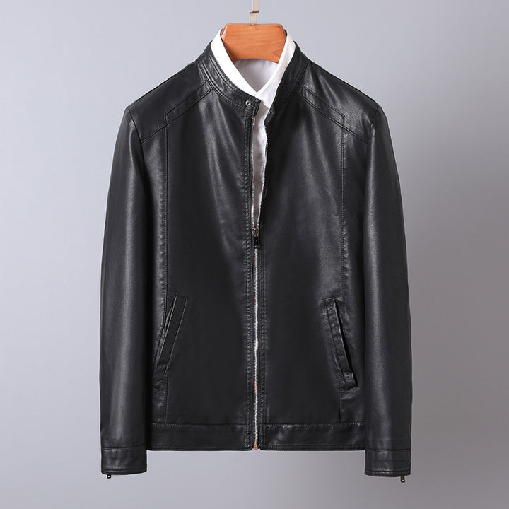 Herren Stilvolle Kunstlederjacke mit hohem Kragen Drune