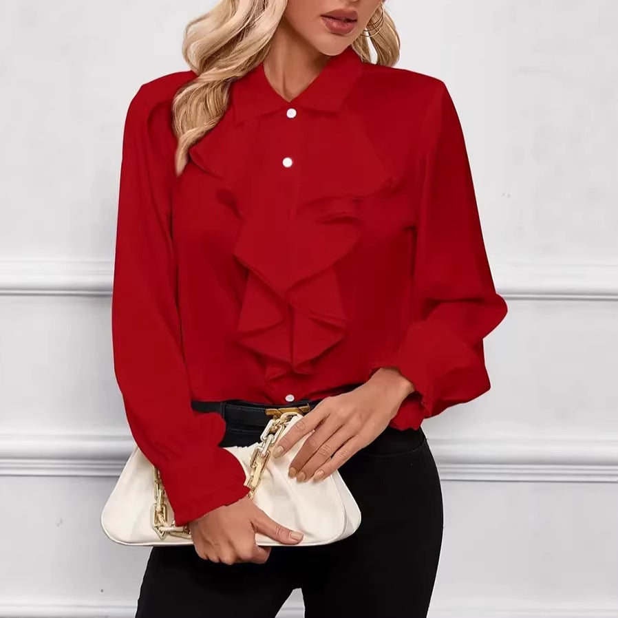 Damen Elegante Rüschenbluse mit Volants, Hemdkragen und Manschetten Drune