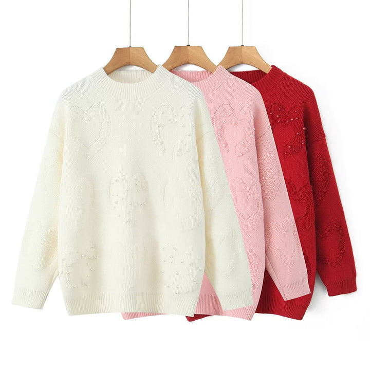 Damen Gemütlicher Strickpullover mit Herzmotiven Drune